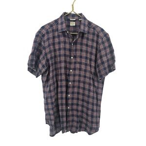 Culturata Button Down Men L Navy Red Plaid Tailored Fit Short Sleeve Linen Italy